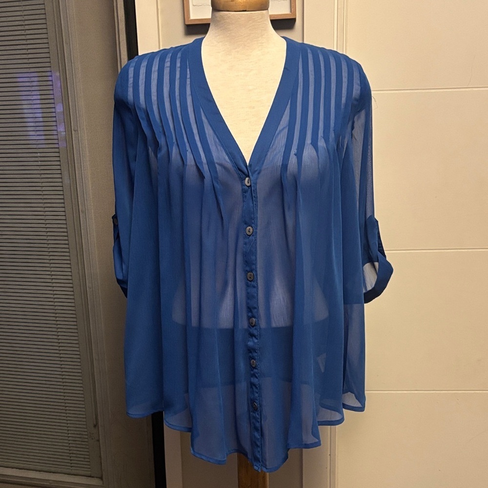 Olive & Oak Blue Sheer Button-Up Women's Top